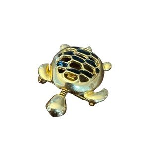 Black Enameled Vintage Turtle Brooch Pin with Rhinestone Eyes
